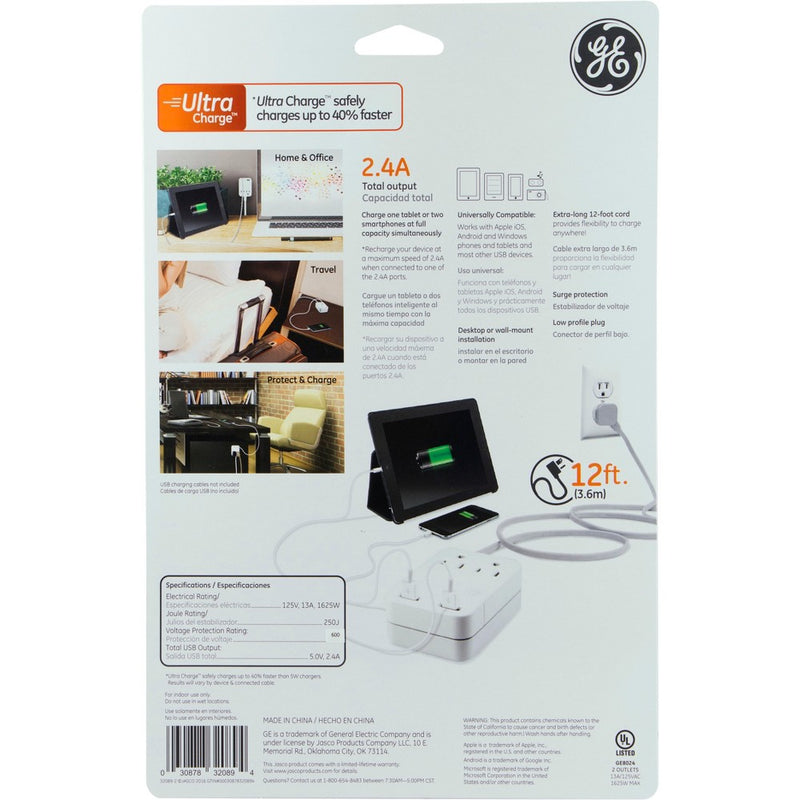 General Electric 12' 2.4A 2 USB 2 Outlets Surge Extension Cord White - SEE DETAILS