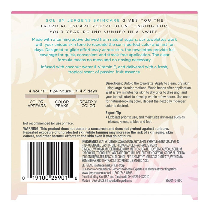 SOL by Jergens Sunless Tanning Full Body Towelettes, Self Tanner Wipes, Streak-Free - 1 ct