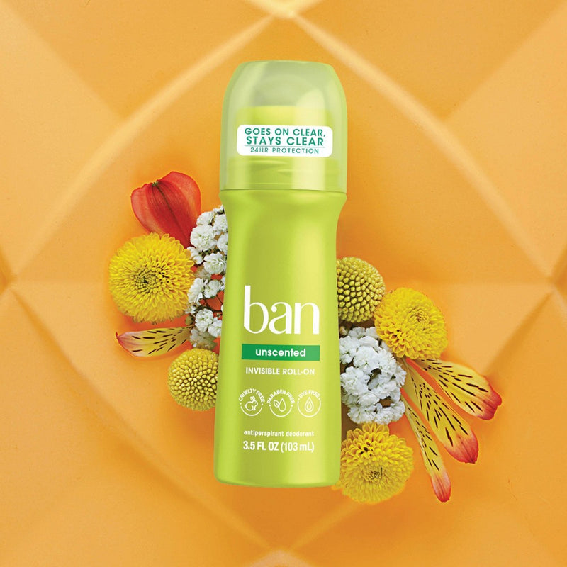 Ban Invisible Roll-On Antiperspirant Deodorant Unscented with Odor-Fighting Ingredients - 3.5 oz