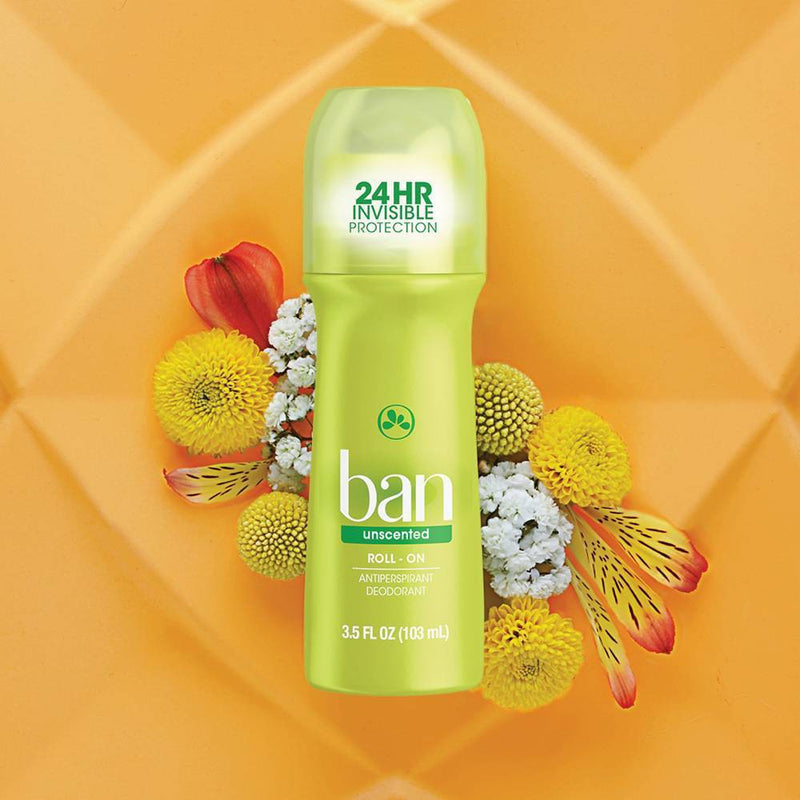 Ban Invisible Roll-On Antiperspirant Deodorant Unscented with Odor-Fighting Ingredients - 3.5 oz