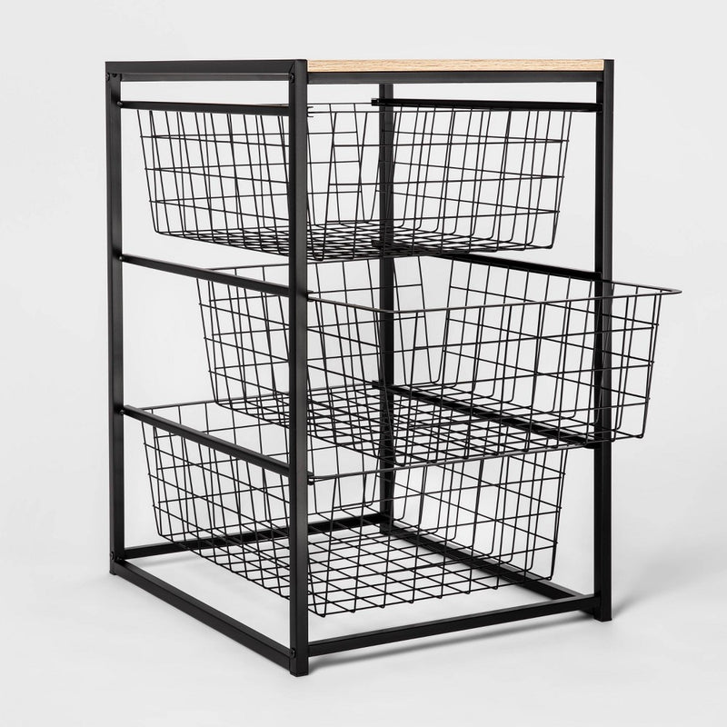 3 Drawer Organizer Black Metal with Natural Wood - Brightroom™+ (LOCAL PICKUP ONLY)