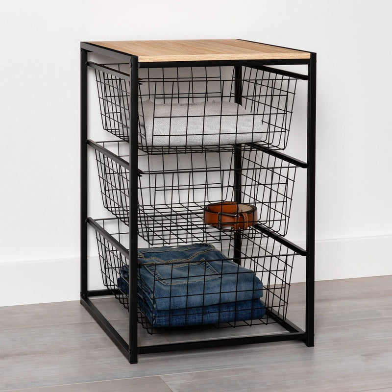 3 Drawer Organizer Black Metal with Natural Wood - Brightroom™+ (LOCAL PICKUP ONLY)