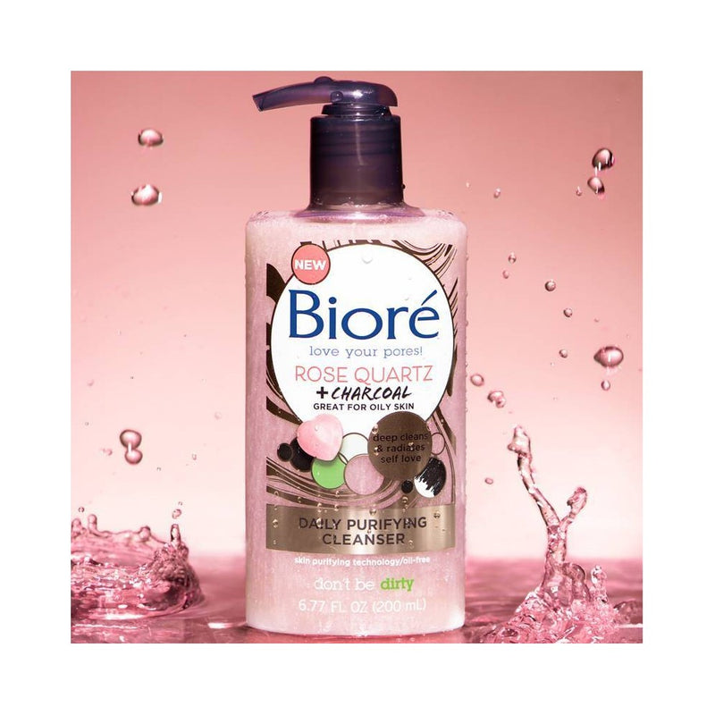 Biore Daily Purifying Cleanser, Oil Free Face Wash, Dermatologist Tested Rose Quartz + Charcoal - 6.77 fl oz