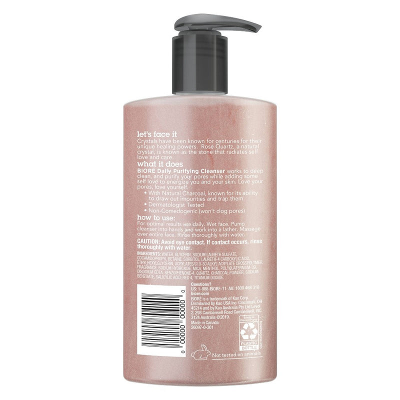 Biore Daily Purifying Cleanser, Oil Free Face Wash, Dermatologist Tested Rose Quartz + Charcoal - 6.77 fl oz