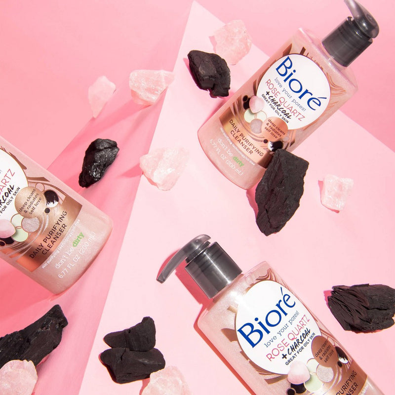 Biore Daily Purifying Cleanser, Oil Free Face Wash, Dermatologist Tested Rose Quartz + Charcoal - 6.77 fl oz