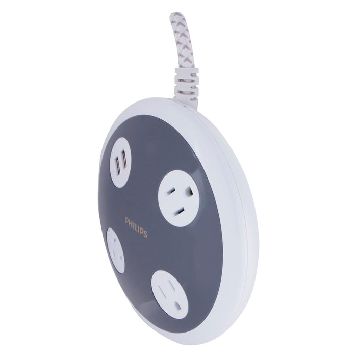 Philips 3-Outlet 450J Surge Protector Orb with 2USB Charging, 8' Braided Cord - White