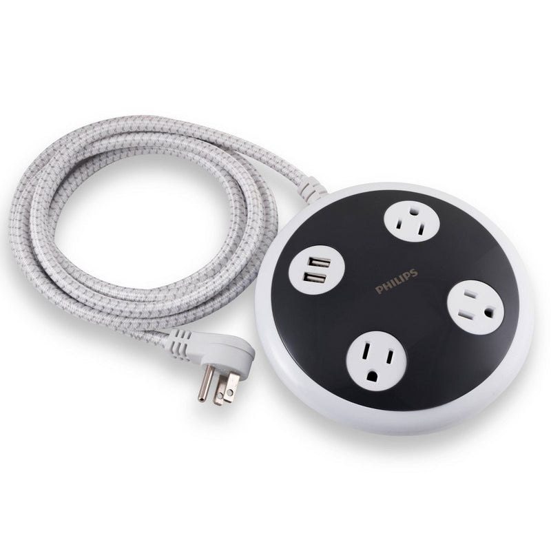 Philips 3-Outlet 450J Surge Protector Orb with 2USB Charging, 8' Braided Cord - White