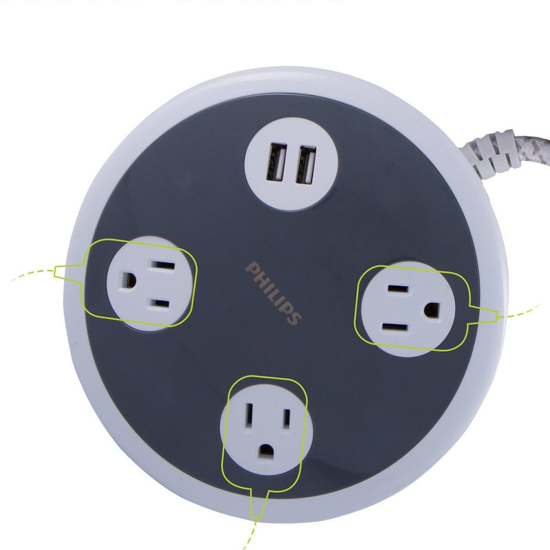 Philips 3-Outlet 450J Surge Protector Orb with 2USB Charging, 8' Braided Cord - White