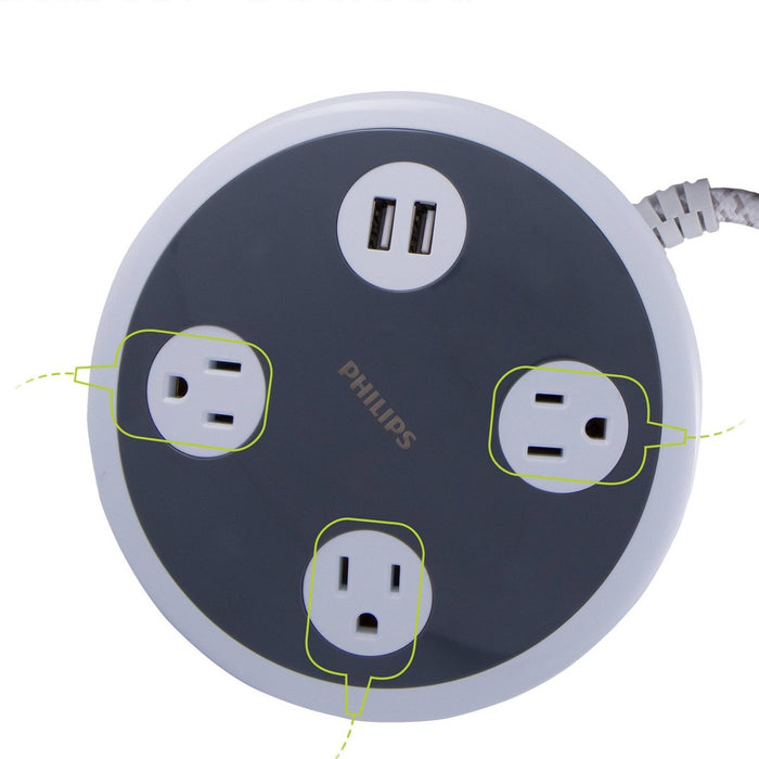 Philips 3-Outlet 450J Surge Protector Orb with 2USB Charging, 8' Braided Cord - White