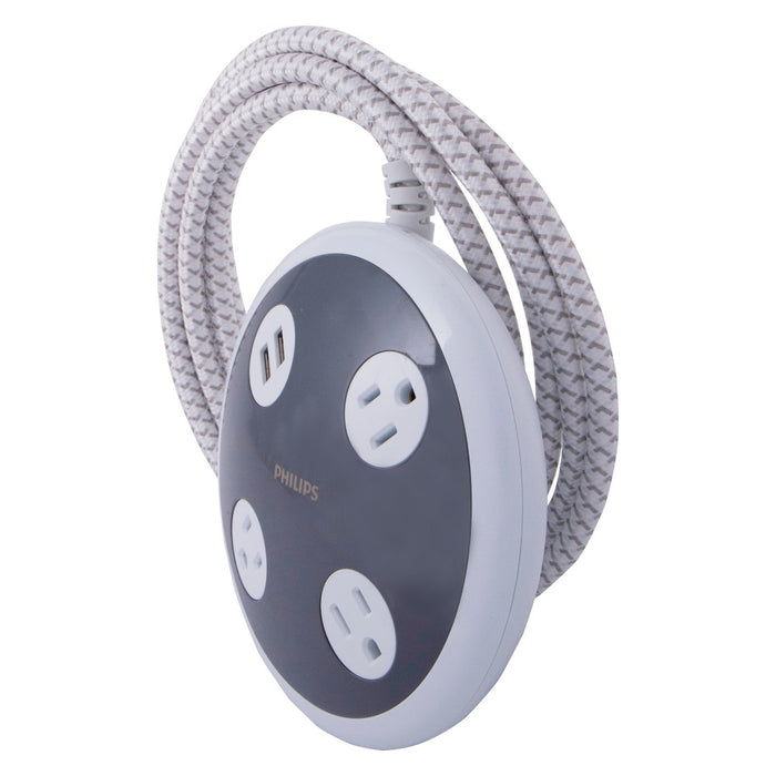 Philips 3-Outlet 450J Surge Protector Orb with 2USB Charging, 8' Braided Cord - White