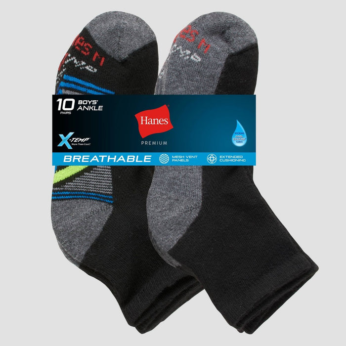 Hanes Boys' 10pk Premium Ankle Athletic Socks - Black L