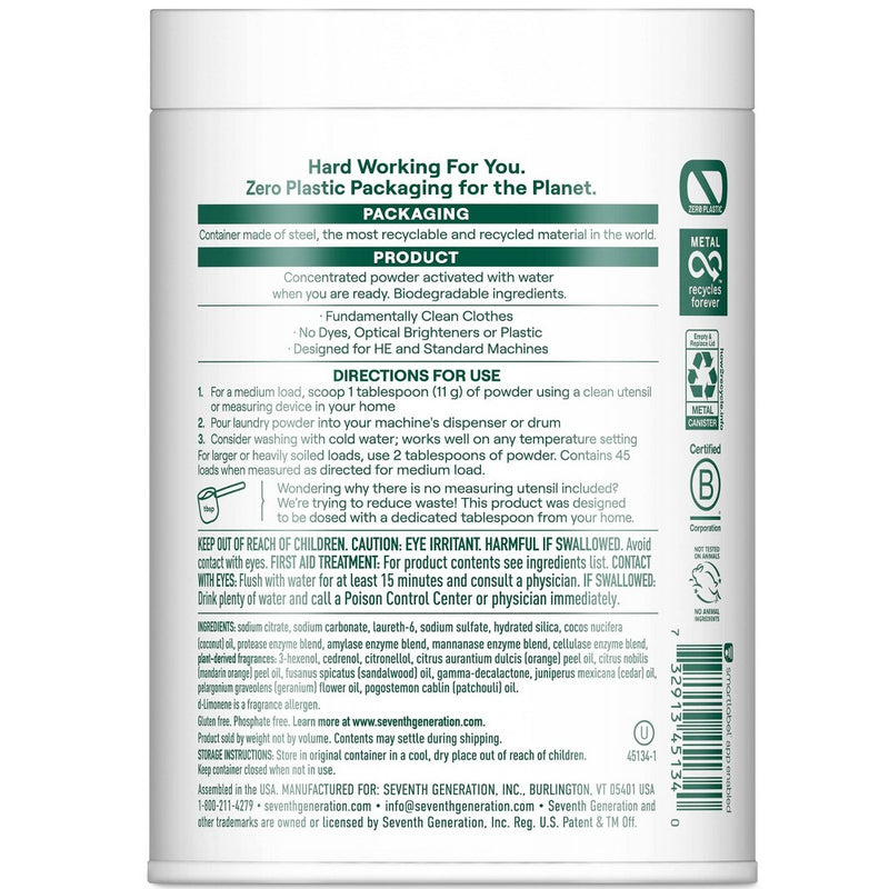 Seventh Generation Zero Plastic Powder Laundry Detergent Soap - Citrus & Sandalwood Scent - 45 Loads/18.5 oz