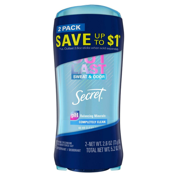Secret Outlast Clear Gel Antiperspirant Deodorant for Women - Completely Clean - 2.6oz each - Pack of 2