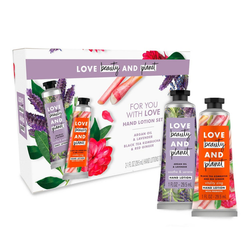 Love Beauty and Planet Argan Oil and Lavender, Black Tea Kombucha and Red Ginger Hand Lotion Set - 1oz/2ct