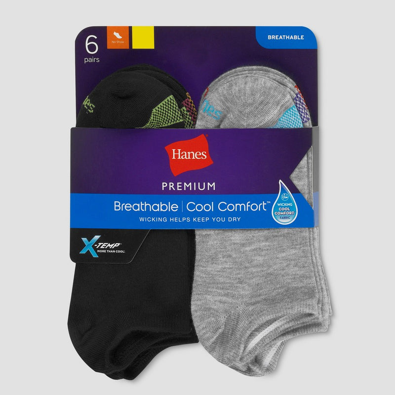 Hanes Premium Women's Cool Comfort Lightweight 6pk No Show Socks - Black/Gray 5-9