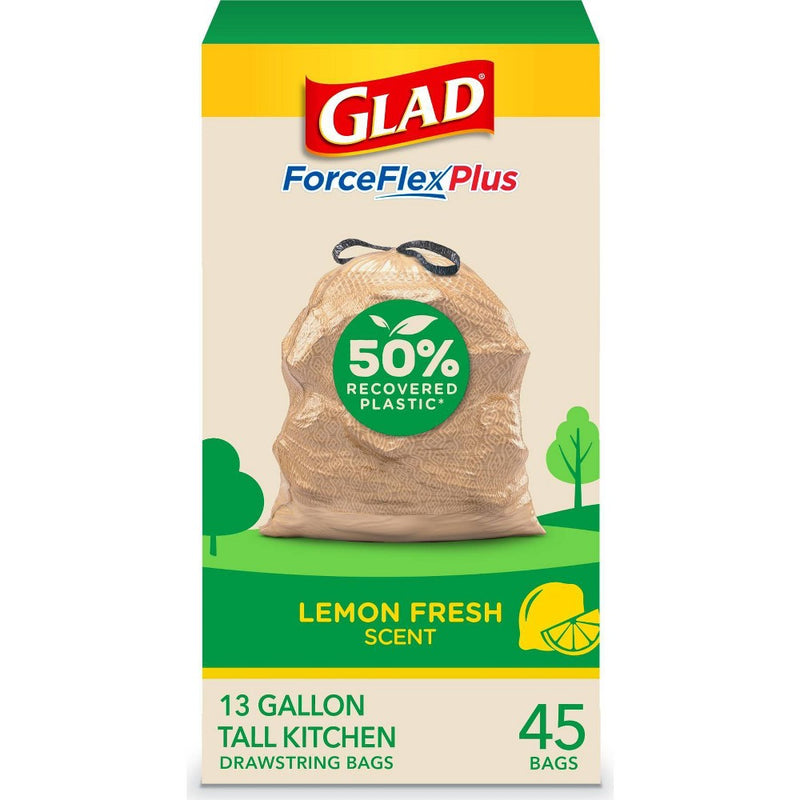 Glad ForceFlexPlus Recovered Plastic Trash Bag - Lemon Fresh - 13 Gallon - 45ct