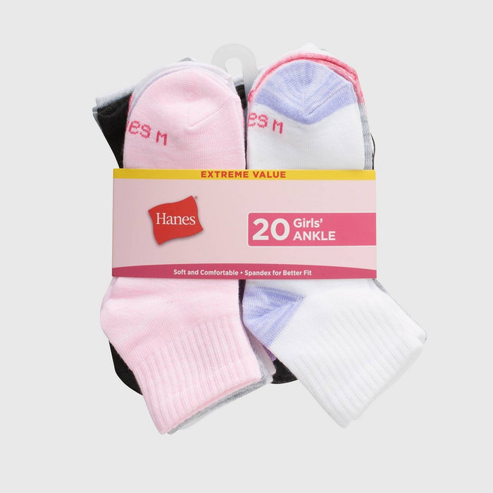 Hanes Girls' 20pk Ankle Socks - Colors May Vary L