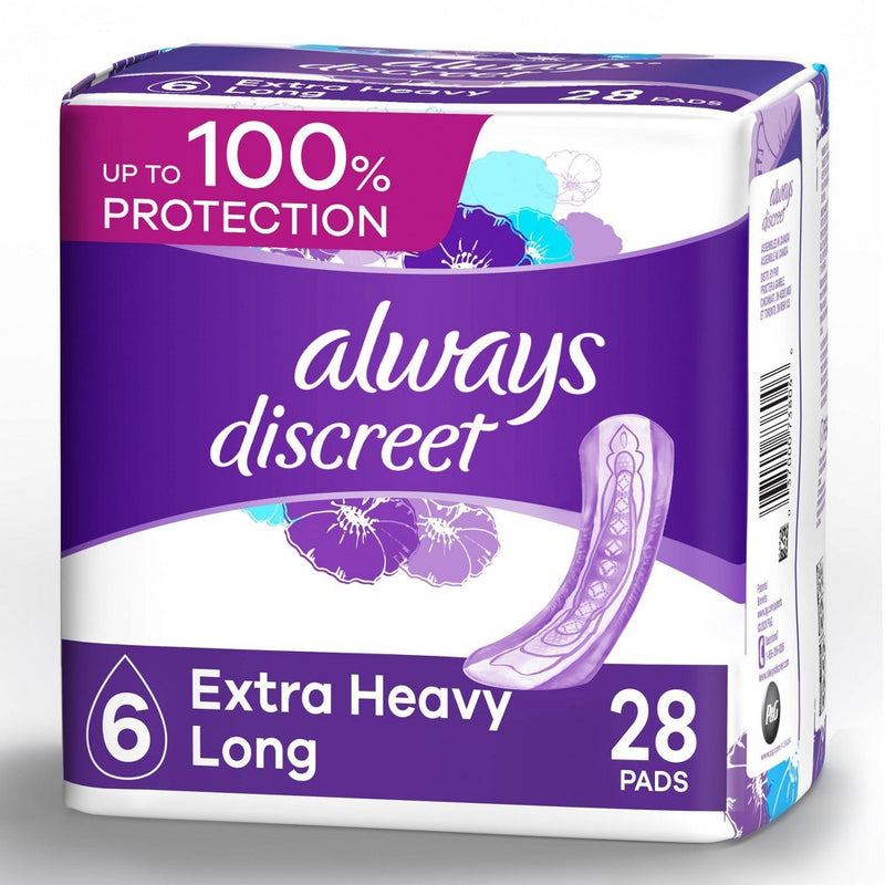 Always Discreet Incontinence and Postpartum Incontinence Pads for Women - Extra Heavy Absorbency - Long Length - 28ct
