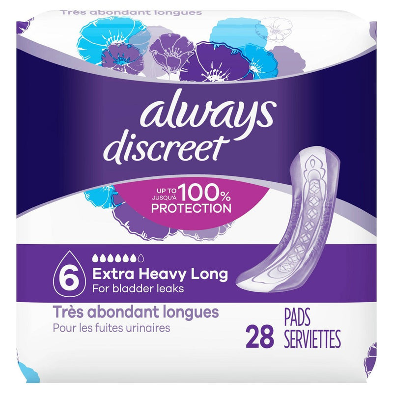 Always Discreet Incontinence and Postpartum Incontinence Pads for Women - Extra Heavy Absorbency - Long Length - 28ct