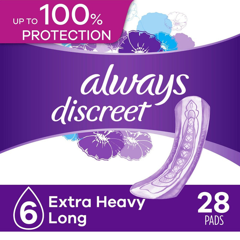 Always Discreet Incontinence and Postpartum Incontinence Pads for Women - Extra Heavy Absorbency - Long Length - 28ct
