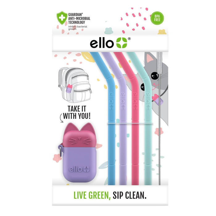 Ello 6pc Silicone Kids Fold & Store Straw Set (CAT)