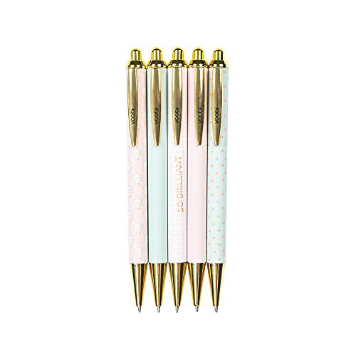 Yoobi Retractable Pens | Pastel Colors, Pink, Teal, Gold, White | 5 Pack | Ballpoint w/Black Ink | 1.0mm Medium Tip