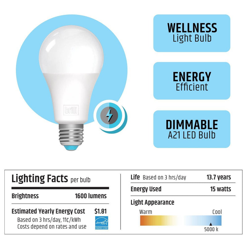 Brilli A21 100W Charge Up Energy-Boosting Dimmable LED Light Bulb White