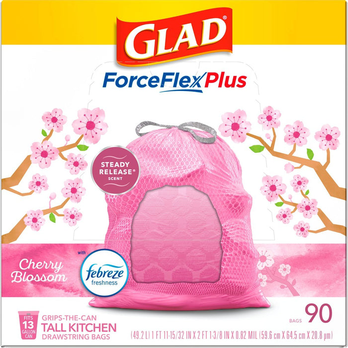 Glad ForceFlexPlus Tall Kitchen Drawstring Pink Trash Bags - Cherry Blossom - 13 Gallon/90ct