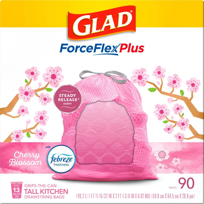 Glad ForceFlexPlus Tall Kitchen Drawstring Pink Trash Bags - Cherry Blossom - 13 Gallon/90ct