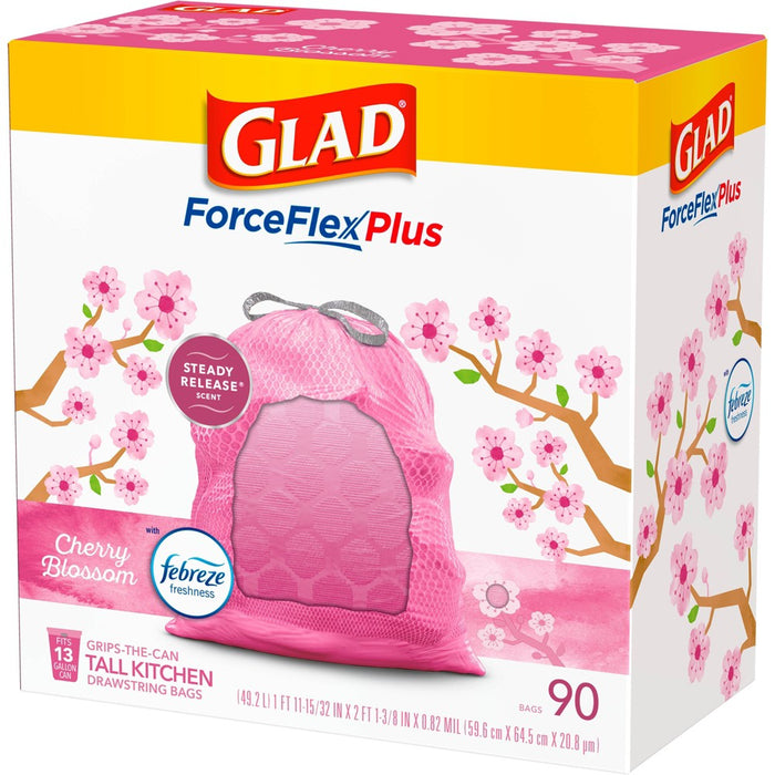 Glad ForceFlexPlus Tall Kitchen Drawstring Pink Trash Bags - Cherry Blossom - 13 Gallon/90ct