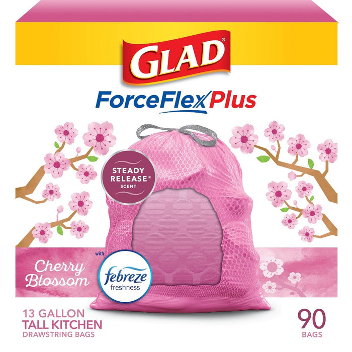 Glad ForceFlexPlus Tall Kitchen Drawstring Pink Trash Bags - Cherry Blossom - 13 Gallon/90ct