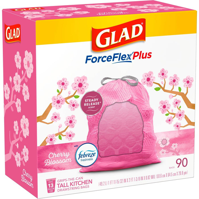 Glad ForceFlexPlus Tall Kitchen Drawstring Pink Trash Bags - Cherry Blossom - 13 Gallon/90ct