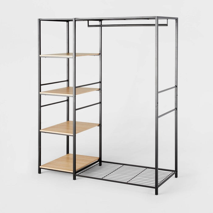 Freestanding Wardrobe Black Metal with Natural Wood - Brightroom™ (LOCAL PICKUP ONLY)