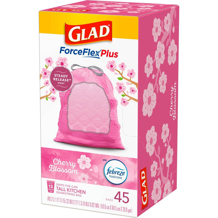 Glad ForceFlexPlus Tall Kitchen Drawstring Pink Trash Bags - Cherry Blossom - 13 Gallon/45ct