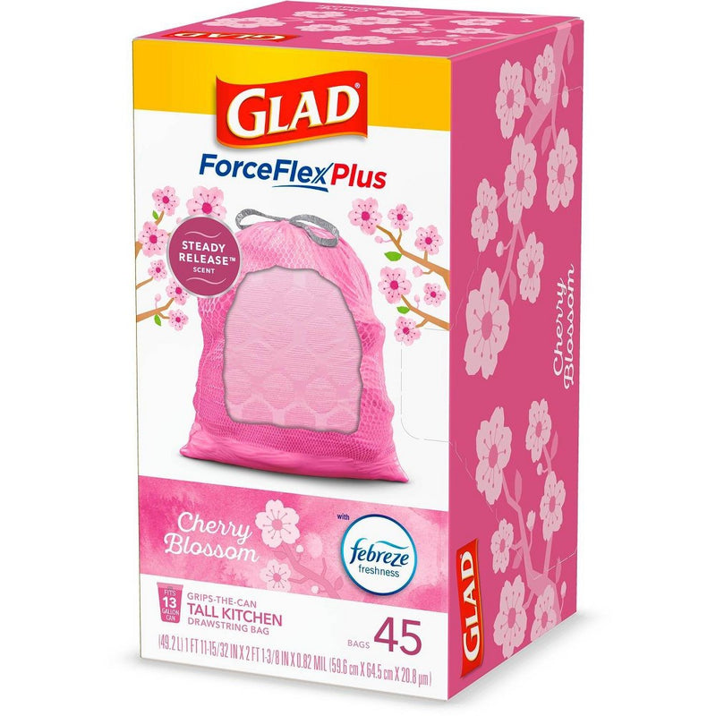 Glad ForceFlexPlus Tall Kitchen Drawstring Pink Trash Bags - Cherry Blossom - 13 Gallon/45ct