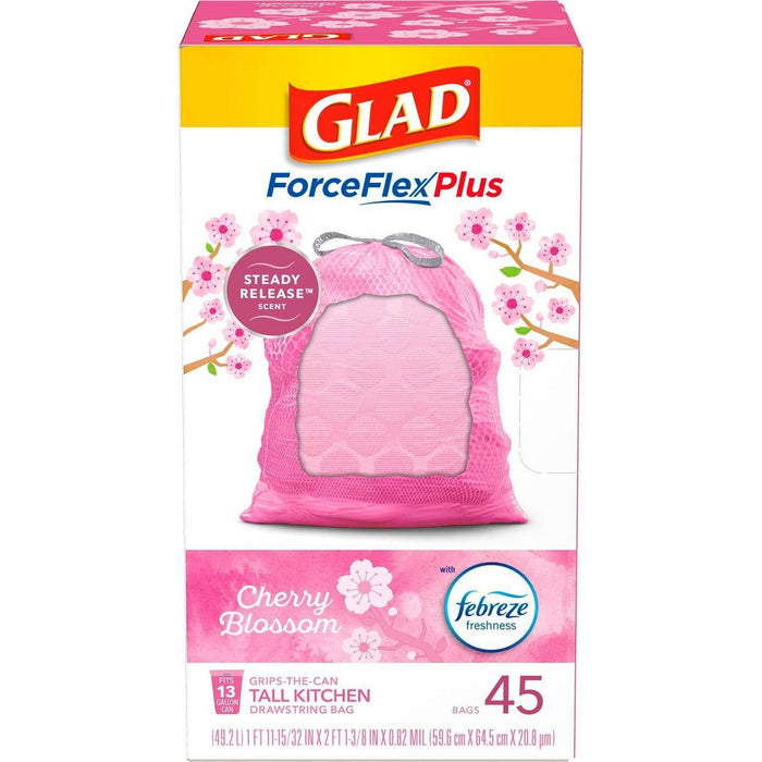 Glad ForceFlexPlus Tall Kitchen Drawstring Pink Trash Bags - Cherry Blossom - 13 Gallon/45ct