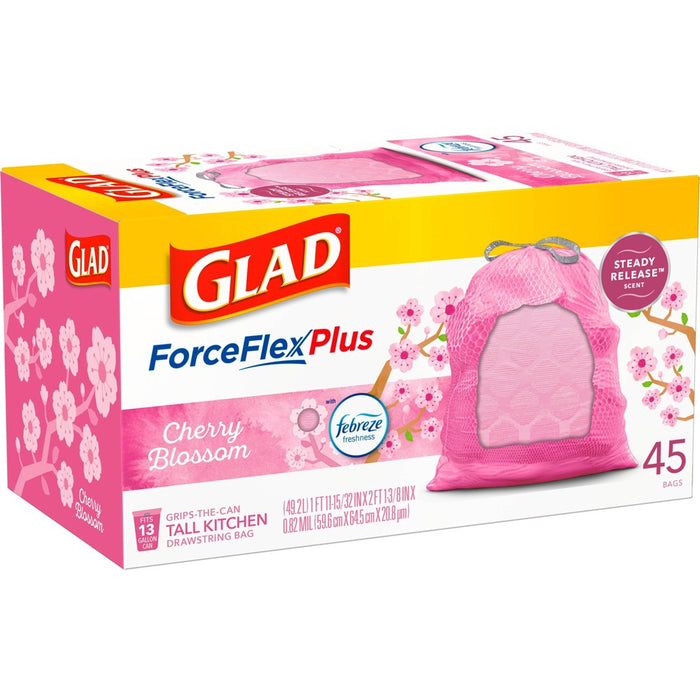 Glad ForceFlexPlus Tall Kitchen Drawstring Pink Trash Bags - Cherry Blossom - 13 Gallon/45ct