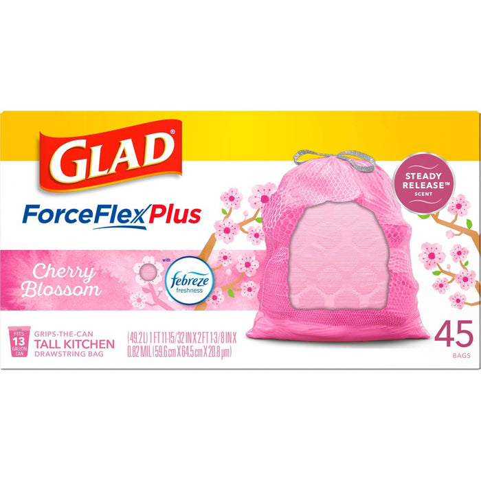 Glad ForceFlexPlus Tall Kitchen Drawstring Pink Trash Bags - Cherry Blossom - 13 Gallon/45ct