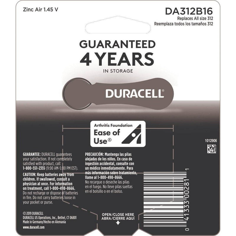 Duracell Size 312 Hearing Aid Batteries - 16 Pack - Easy-Fit Tab *NEW*