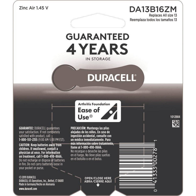 Duracell Size 13 Hearing Aid Batteries - 16 Pack - Easy-Fit Tab *NEW*