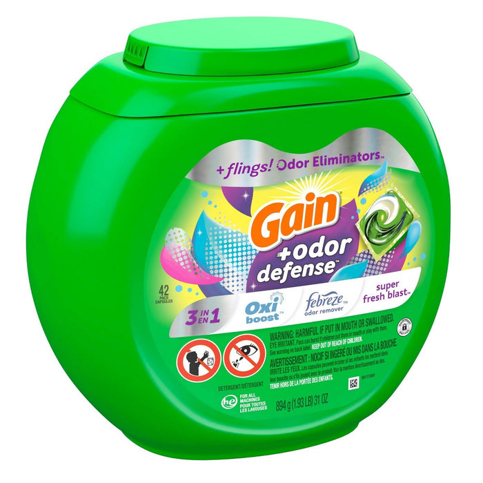 Gain Flings Super Fresh 3-in-1 with Febreze and Oxi Odor Defense Liquid Laundry Detergent Pacs - 31oz/42ct