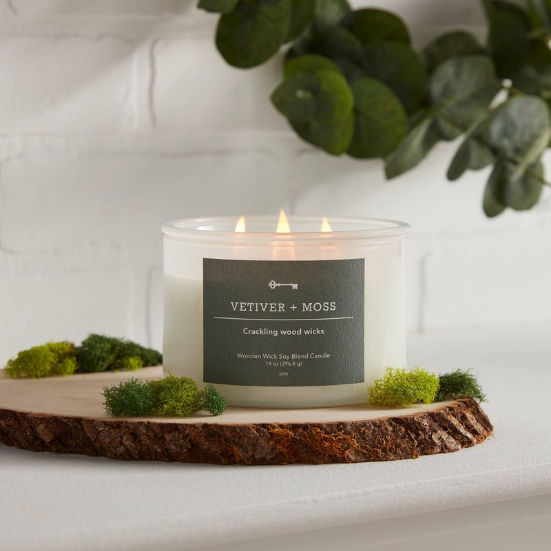 14oz 3-Wick Milky White Glass Woodwick Candle with Wood Lid and Stamped Logo Vetiver and Moss - Threshold™