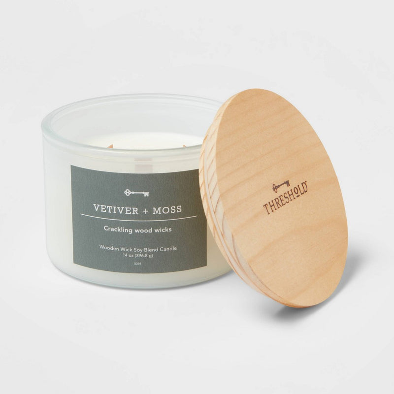 14oz 3-Wick Milky White Glass Woodwick Candle with Wood Lid and Stamped Logo Vetiver and Moss - Threshold™