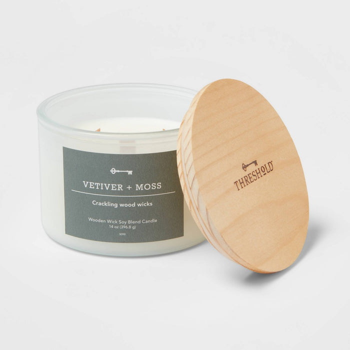 14oz 3-Wick Milky White Glass Woodwick Candle with Wood Lid and Stamped Logo Vetiver and Moss - Threshold™