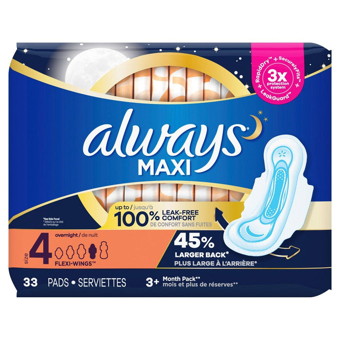 Always Maxi Pads Overnight Absorbency Unscented with Wings - Size 4 - 33ct