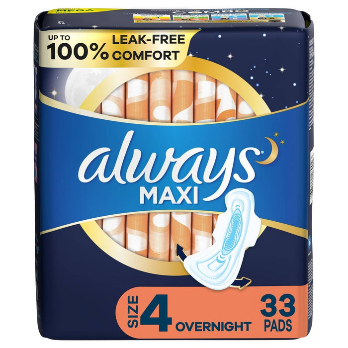 Always Maxi Pads Overnight Absorbency Unscented with Wings - Size 4 - 33ct