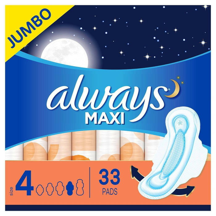 Always Maxi Pads Overnight Absorbency Unscented with Wings - Size 4 - 33ct