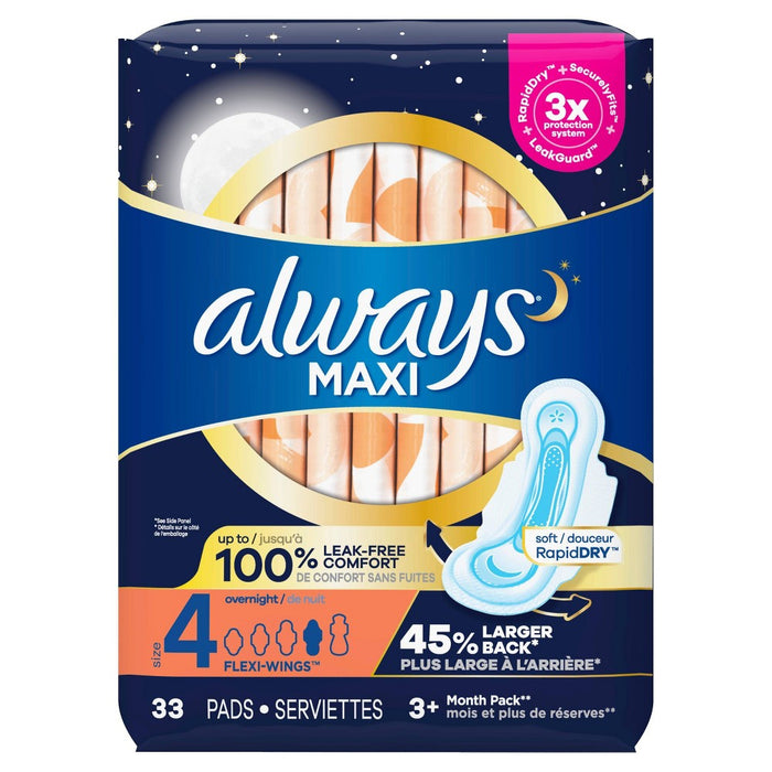 Always Maxi Pads Overnight Absorbency Unscented with Wings - Size 4 - 33ct