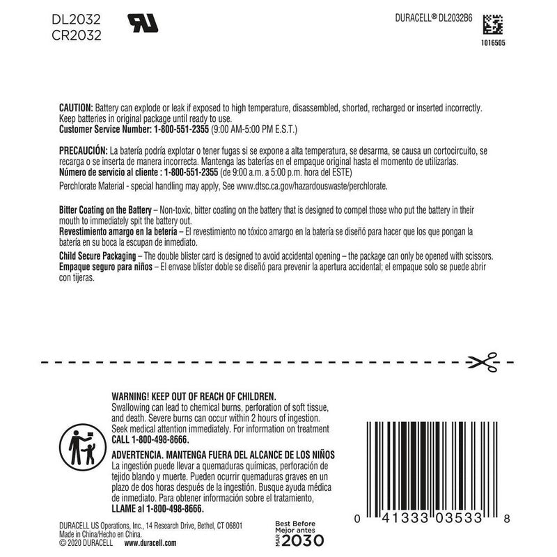 Duracell 2032 Batteries Lithium Coin Button - 6 Pack - Specialty Battery w/ Bitterant Technology