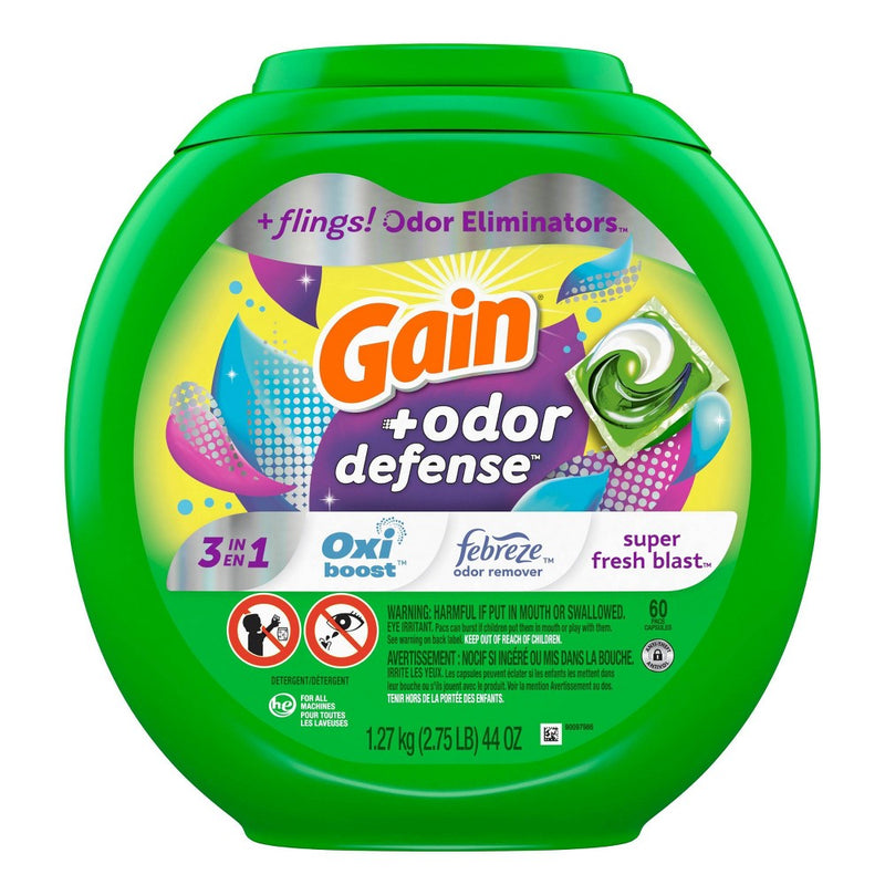 Gain Flings Super Fresh 3-in-1 with Febreze and Oxi Odor Defense Liquid Laundry Detergent Pacs - 44oz/60ct